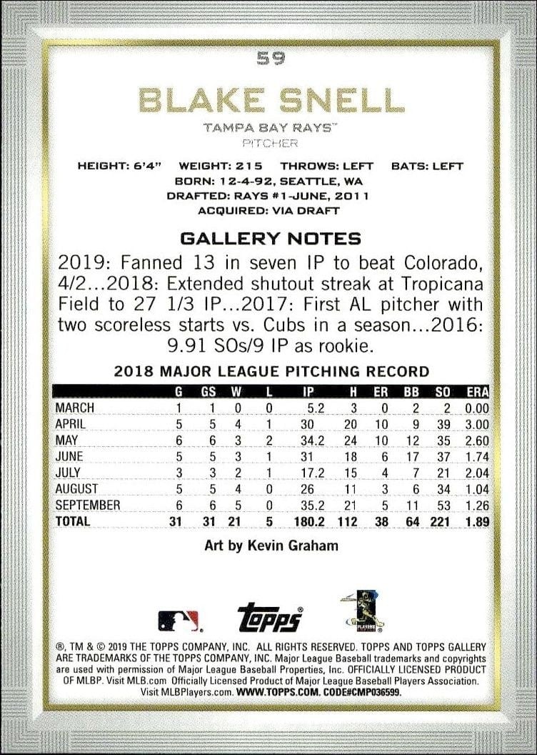 2019 Topps Gallery Blake Snell #59 baseball trading card back