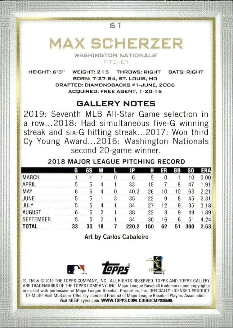2019 Topps Gallery Max Scherzer #61 baseball trading card back