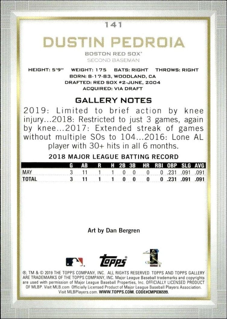 2019 Topps Gallery Dustin Pedroia #141 baseball trading card back