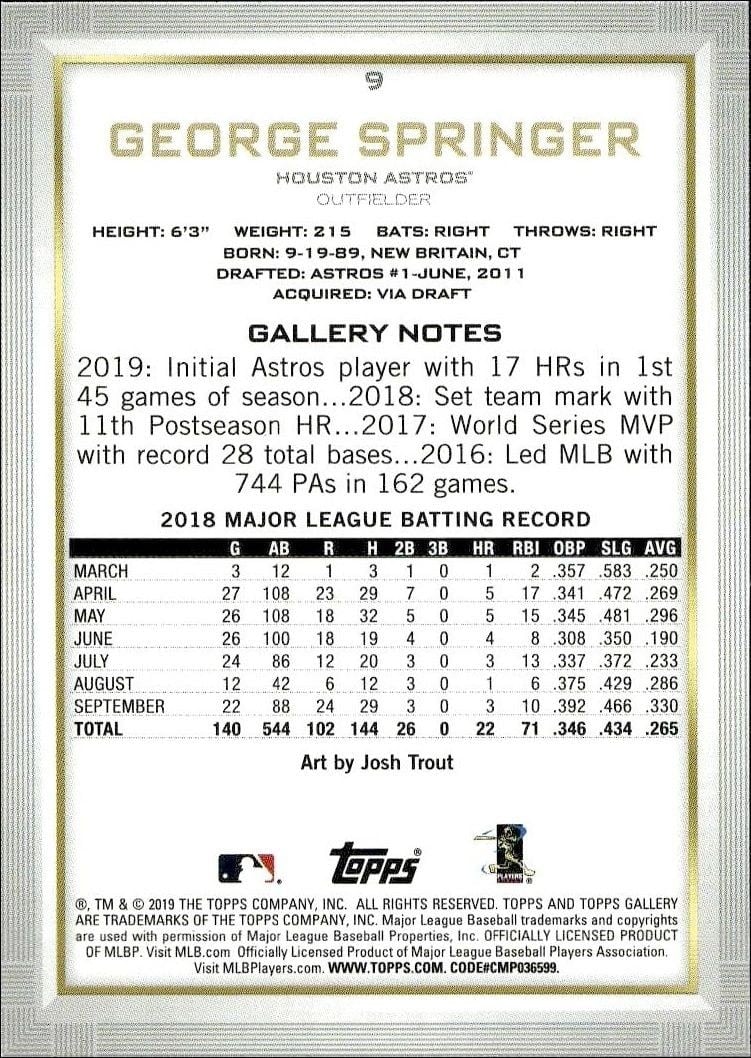 2019 Topps Gallery George Springer #9 baseball trading card back