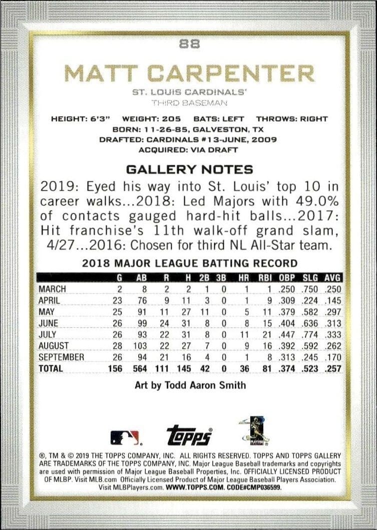 2019 Topps Gallery Matt Carpenter #88 baseball trading card back