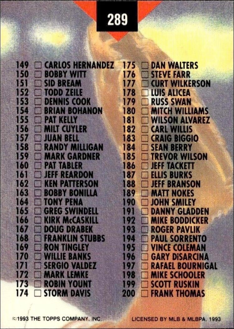 1993 Topps Stadium Club Checklist #289 baseball trading card back