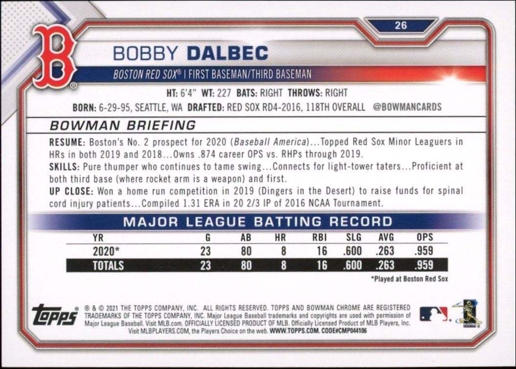 2021 Bowman Bobby Dalbec #26 baseball trading card back