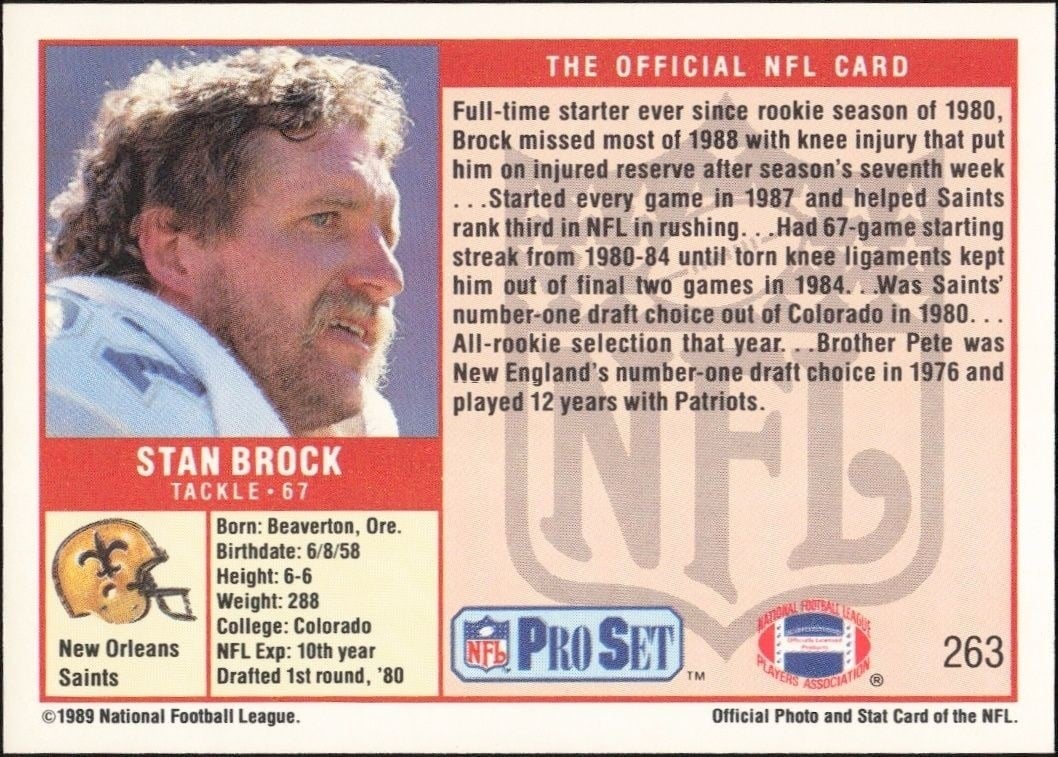 1989 Pro Set Stan Brock #263 football trading card back
