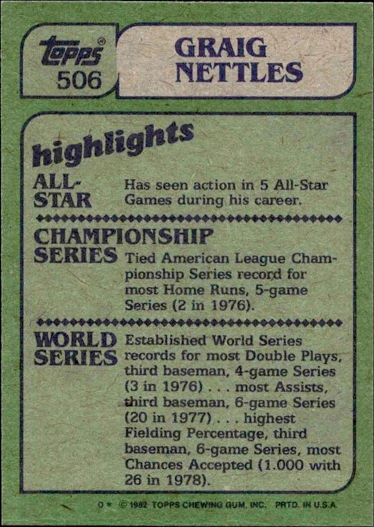 1982 Topps Graig Nettles #506 baseball trading card back