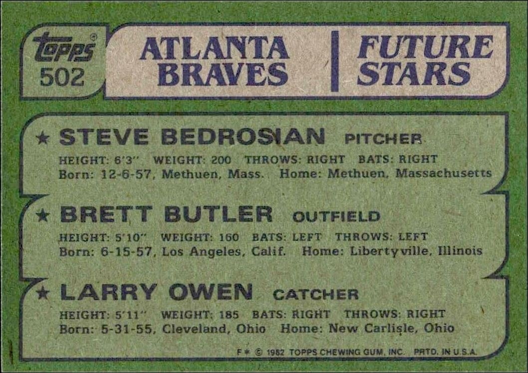 1982 Topps Steve Bedrosian #502 baseball trading card back