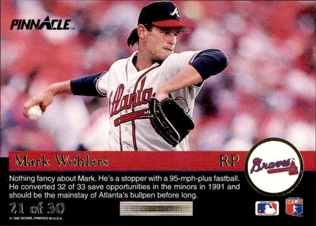 1992 Pinnacle Rookies Mark Wohlers #21 baseball trading card back