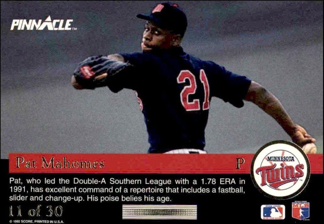 1992 Pinnacle Rookies Patrick Mahomes II #11 baseball trading card back