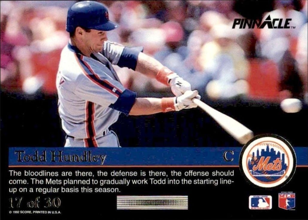 1992 Pinnacle Rookies Todd Hundley #17 baseball trading card back