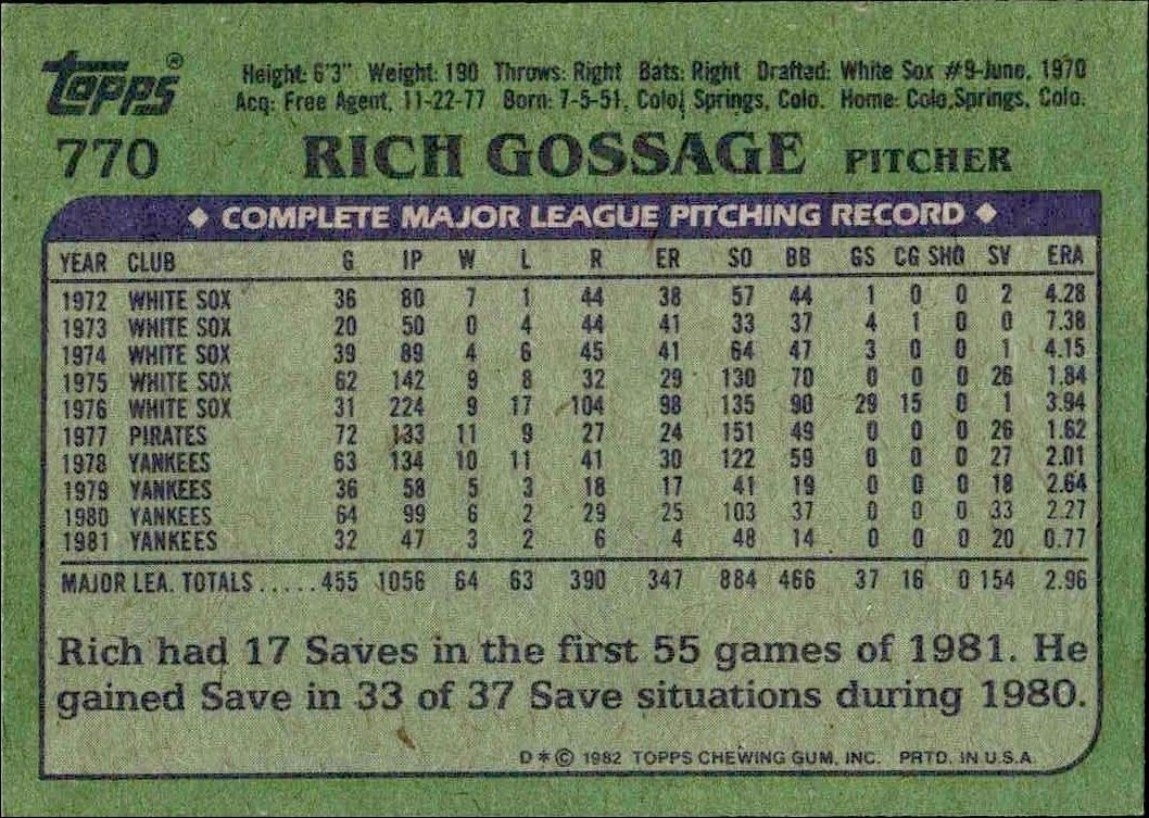 1982 Topps Rich Gossage #770 baseball trading card back