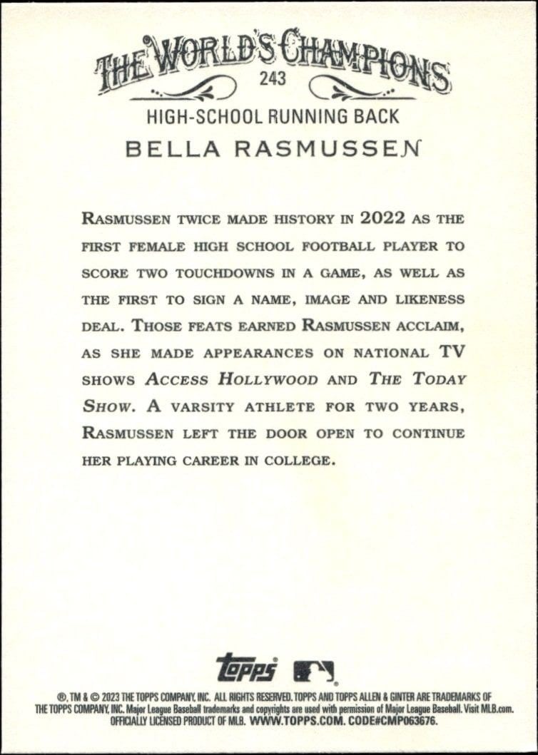 2023 Topps Allen & Ginter Bella Rasmussen #243 baseball trading card back