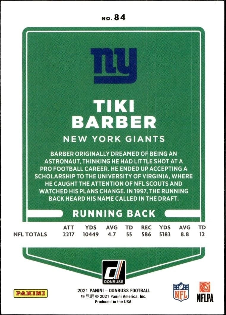 2021 Panini Donruss Tiki Barber #84 football trading card back