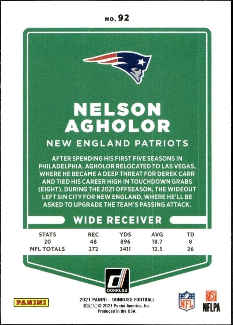 2021 Panini Donruss Nelson Agholor #92 football trading card back