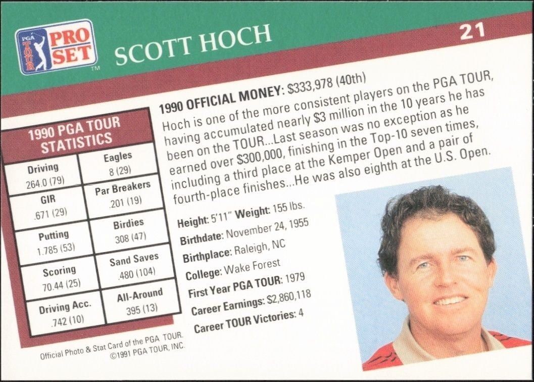 1991 Pro Set PGA Tour Scott Hoch #21 golf trading card back