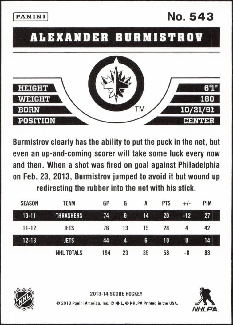 2013-14 Panini Score Alexander Burmistrov #543 hockey trading card back