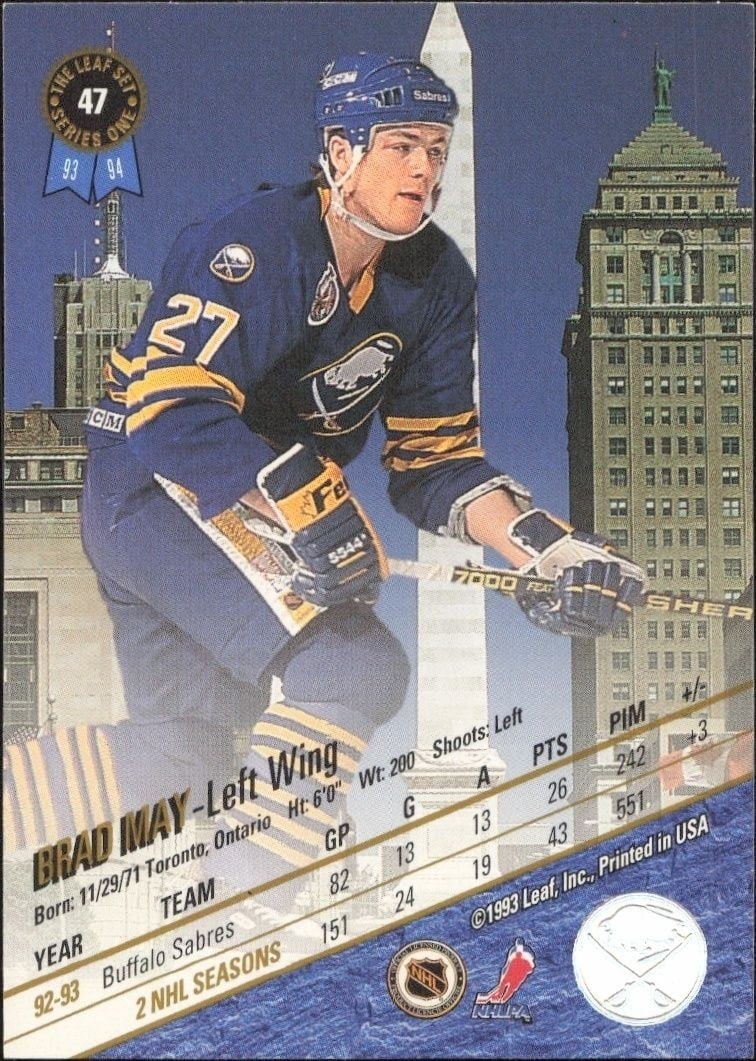 1993-94 Leaf Brad May #47 hockey trading card back