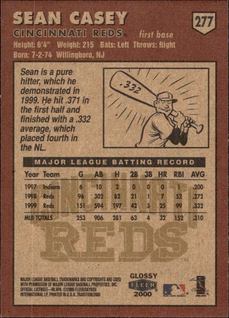 2000 Fleer Tradition Sean Casey #277 baseball trading card back