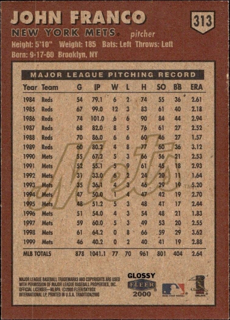 2000 Fleer Tradition Glossy John Franco #313 baseball trading card back