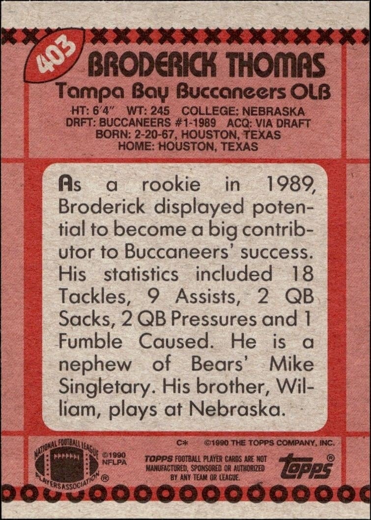 1990 Topps Broderick Thomas #403 football trading card back
