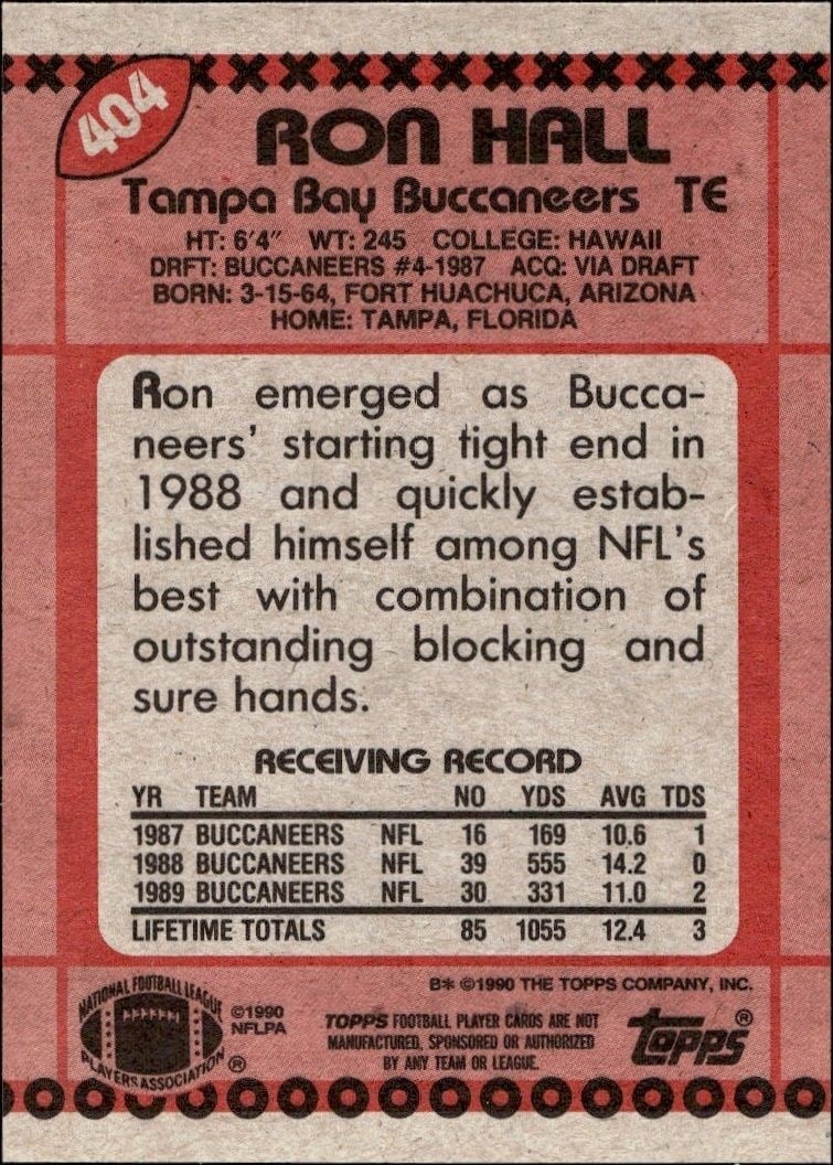 1990 Topps Ron Hall #404 football trading card back