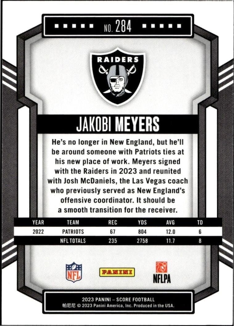 2023 Panini Score Jakobi Meyers #284 football trading card back