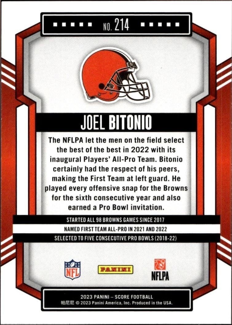 2023 Panini Score Joel Bitonio #214 football trading card back