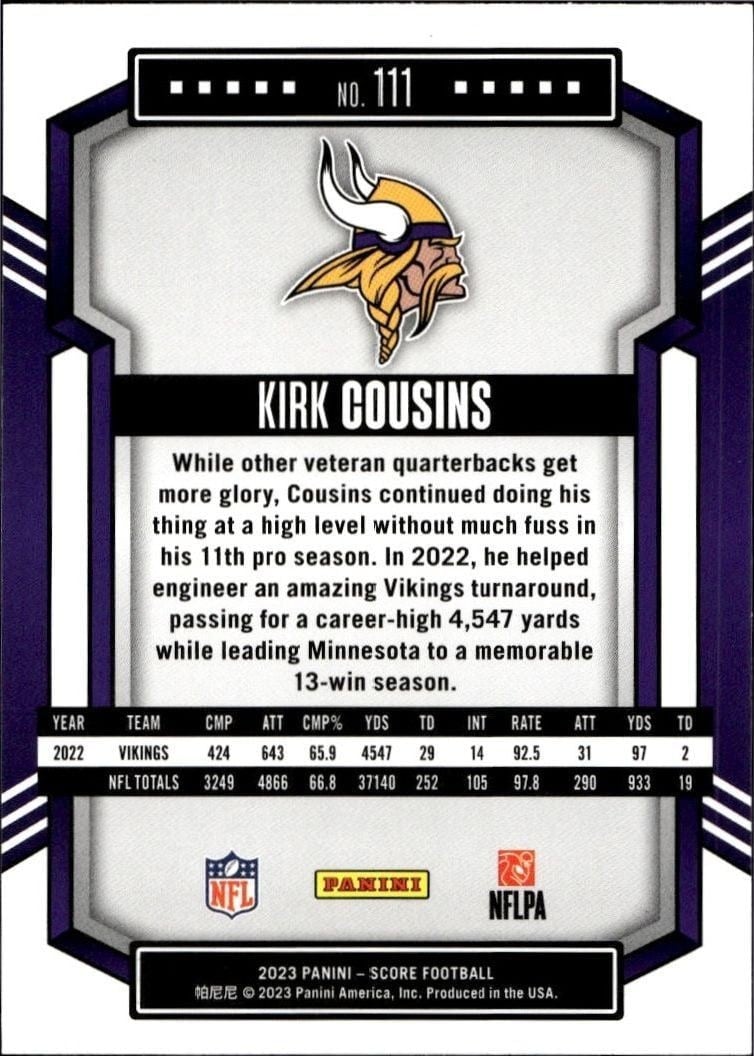 2022 Panini Score Kirk Cousins #111 football trading card back
