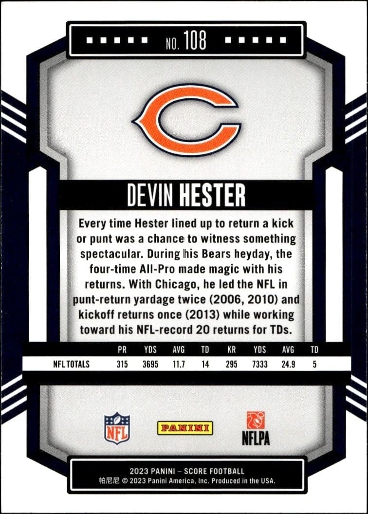 2023 Panini Score Devin Hester #108 football trading card back