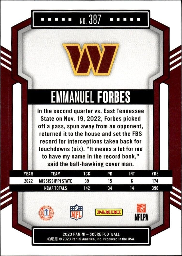 2023 Panini Score Emmanuel Forbes #387 football trading card back