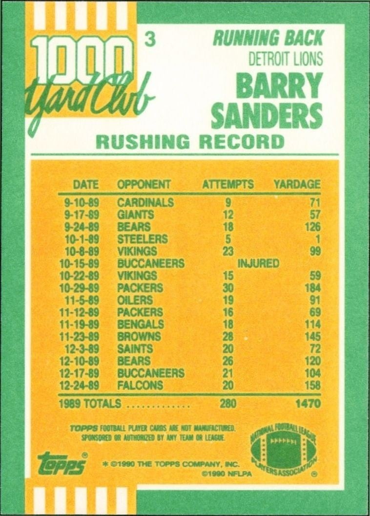 1990 Topps Barry Sanders #3 football trading card back