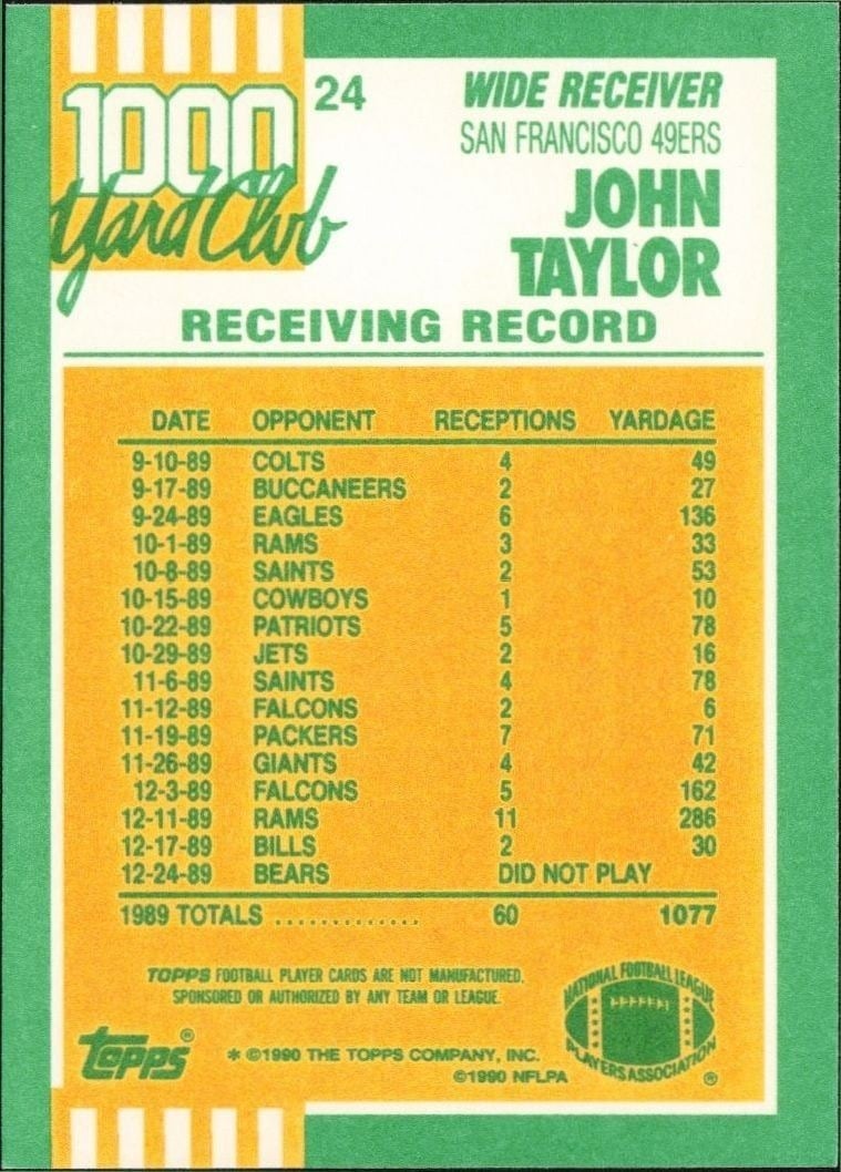 1990 Topps John Taylor #24 football trading card back