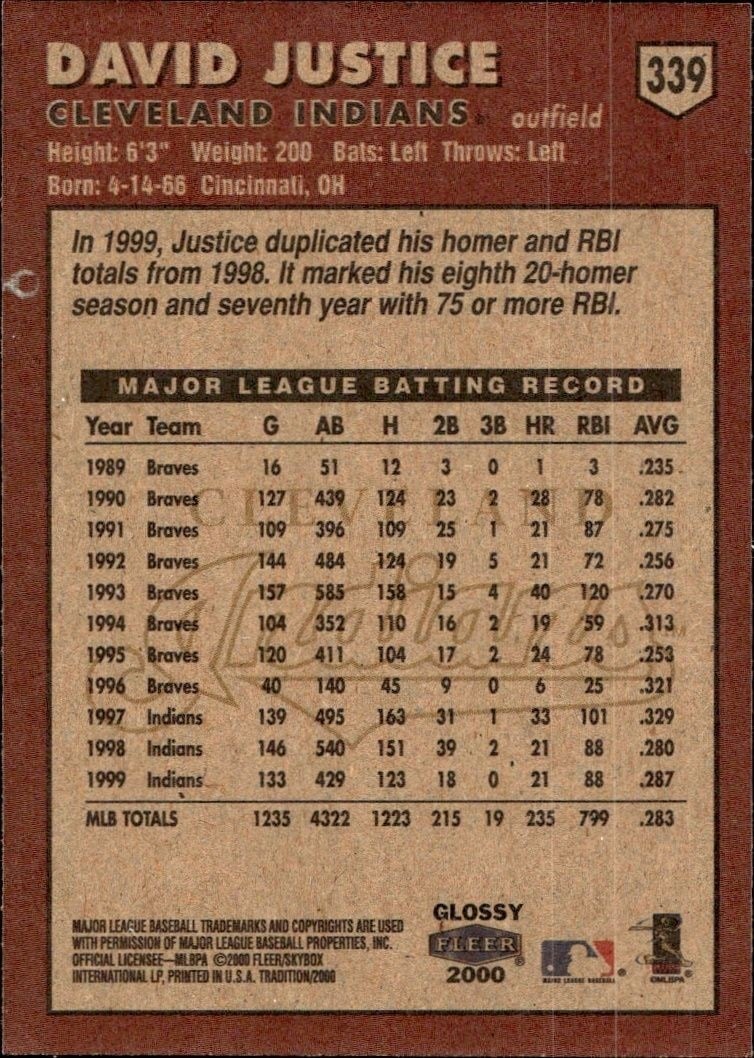 2000 Fleer Tradition Glossy David Justice #339 baseball trading card back