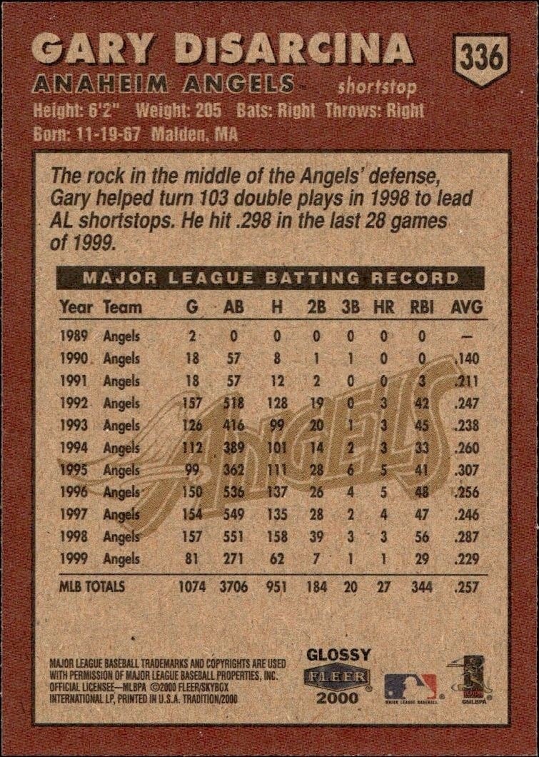 2000 Fleer Tradition Glossy Gary DiSarcina #336 baseball trading card back
