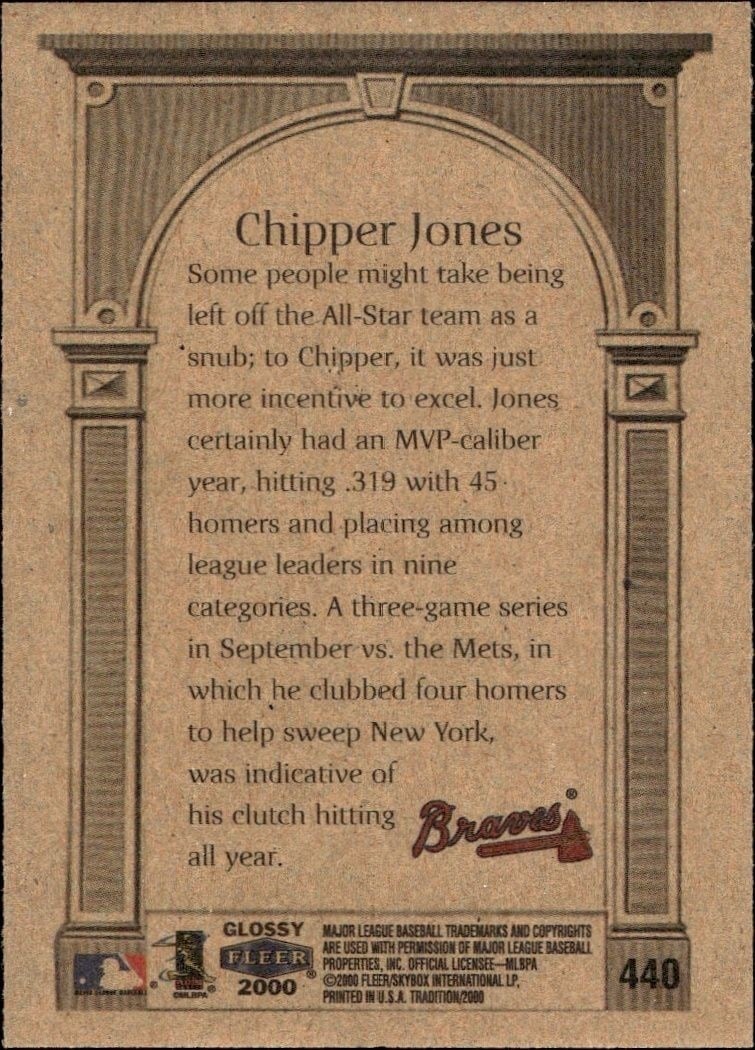 2000 Fleer Tradition Glossy Chipper Jones #440 baseball trading card back