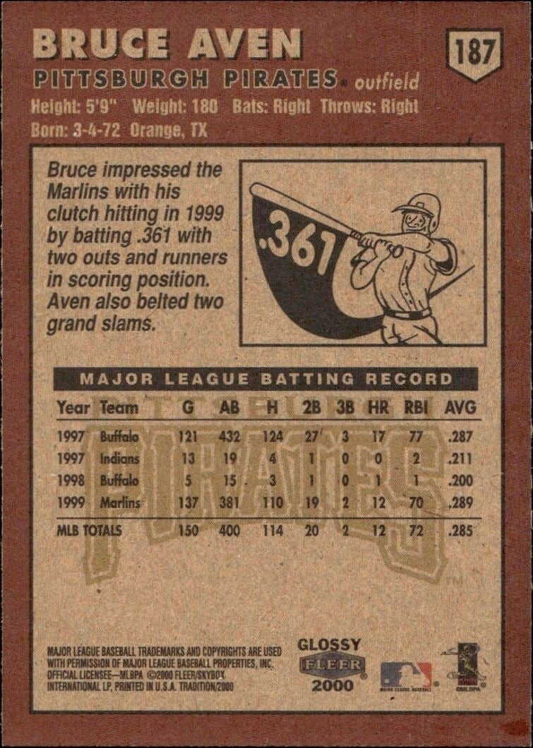 2000 Fleer Tradition Glossy Bruce Aven #187 baseball trading card back