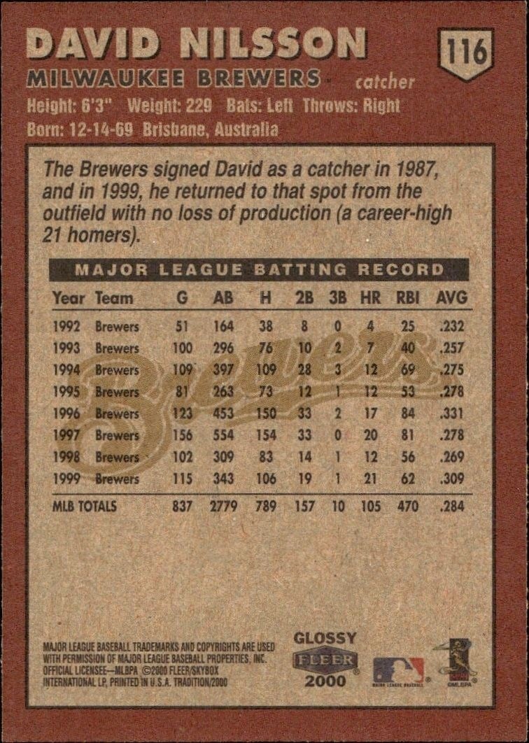 2000 Fleer Tradition Glossy David Nilsson #116 baseball trading card back