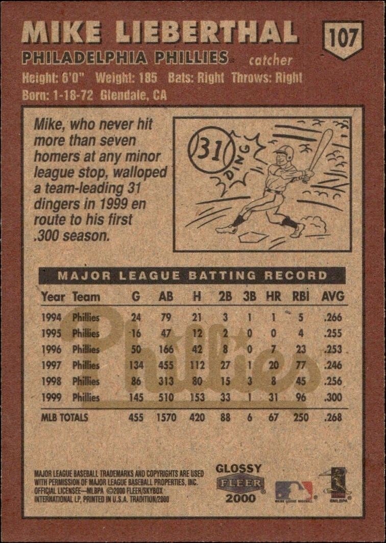 2000 Fleer Tradition Glossy Mike Lieberthal #107 baseball trading card back