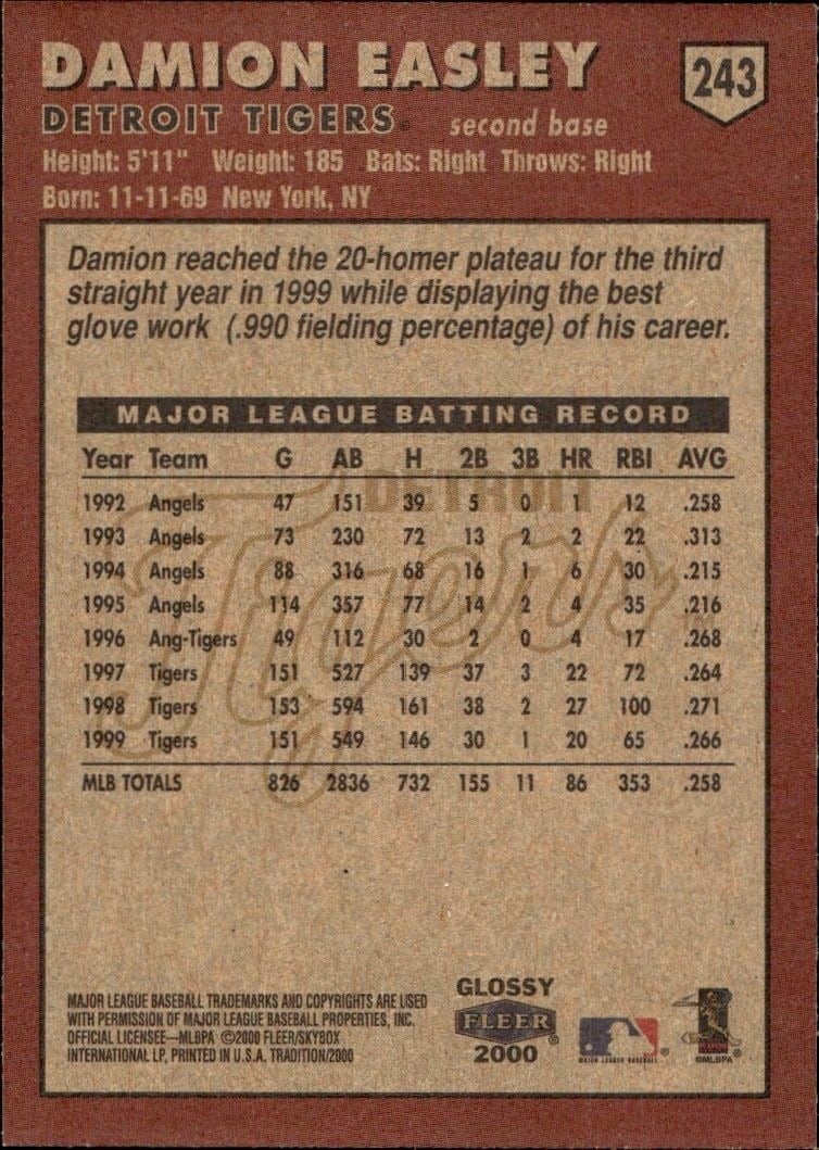 2000 Fleer Tradition Glossy Damion Easley #243 baseball trading card back