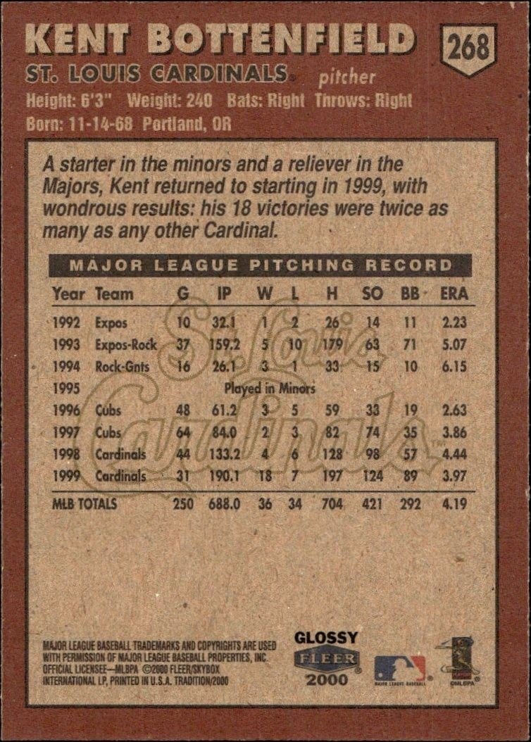 2000 Fleer Tradition Glossy Kent Bottenfield #268 baseball trading card back