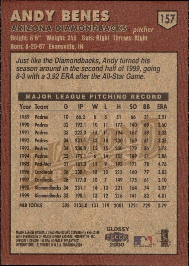 2000 Fleer Tradition Glossy Andy Benes #157 baseball trading card back