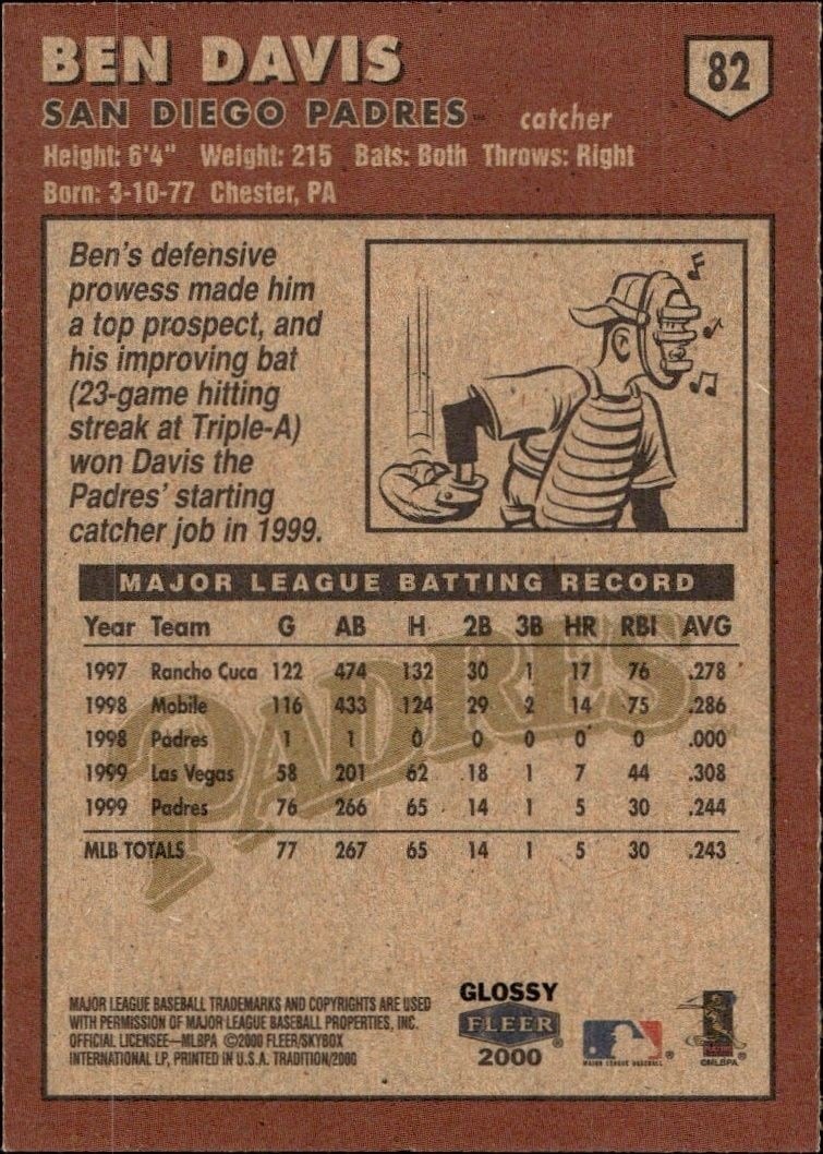 2000 Fleer Tradition Glossy Ben Davis #82 baseball trading card back