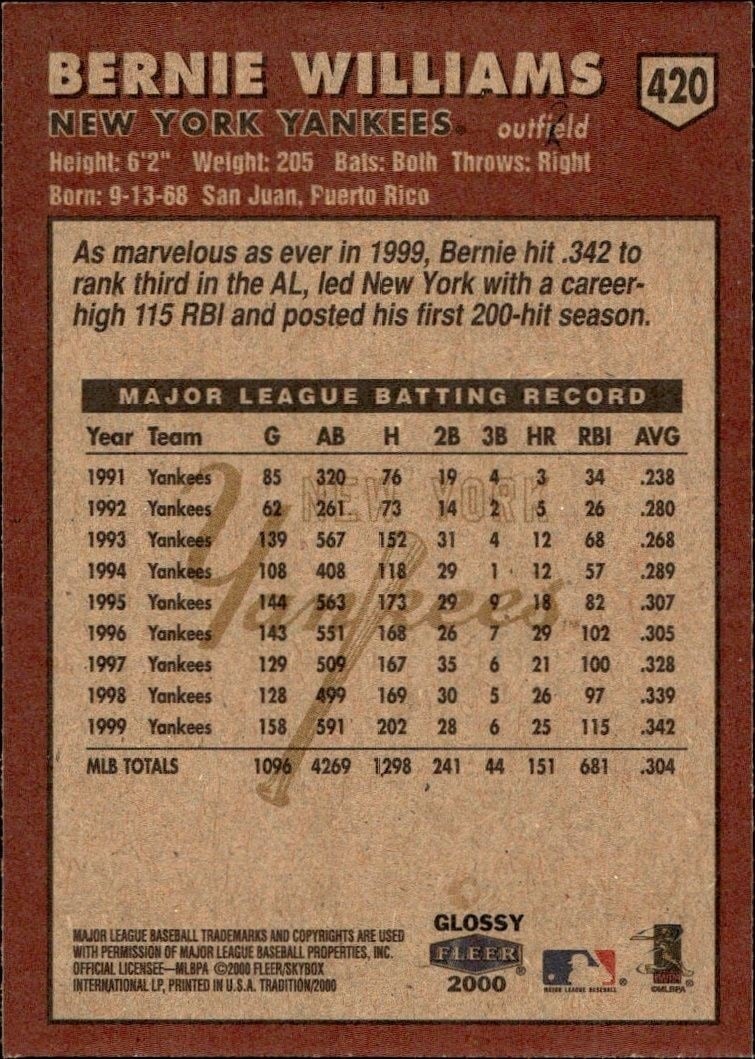 2000 Fleer Tradition Glossy Bernie Williams #4 baseball trading card back
