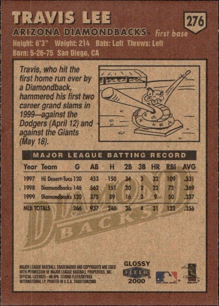 2000 Fleer Tradition Glossy Travis Lee #276 baseball trading card back