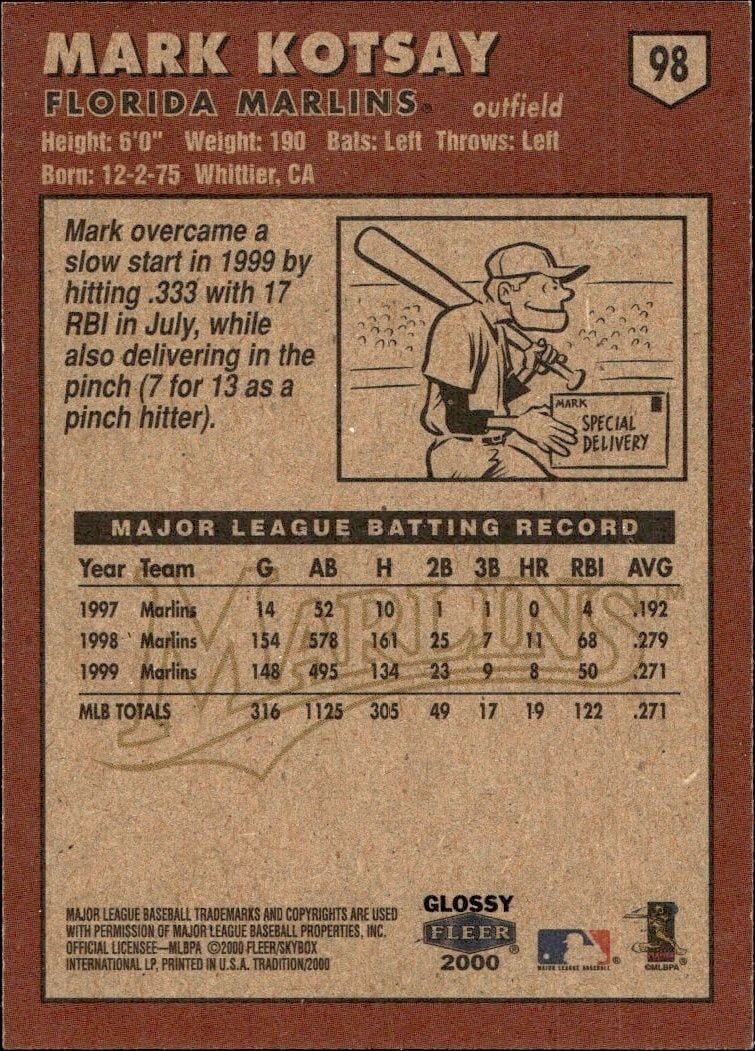 2000 Fleer Tradition Glossy Mark Kotsay #98 baseball trading card back