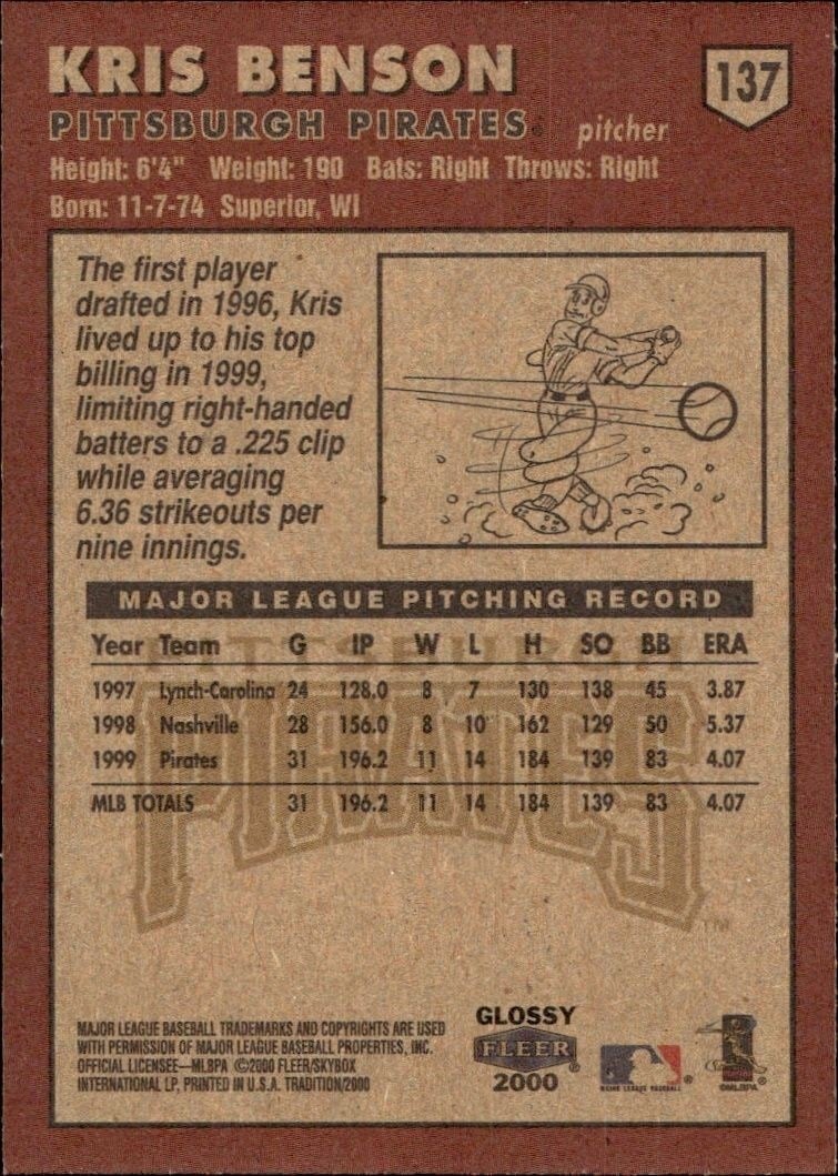 2000 Fleer Tradition Glossy Kris Benson #137 baseball trading card back