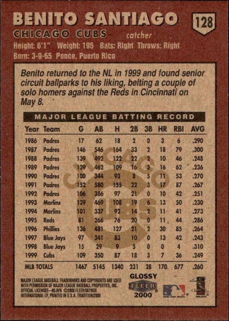 2000 Fleer Tradition Glossy Benito Santiago #128 baseball trading card back