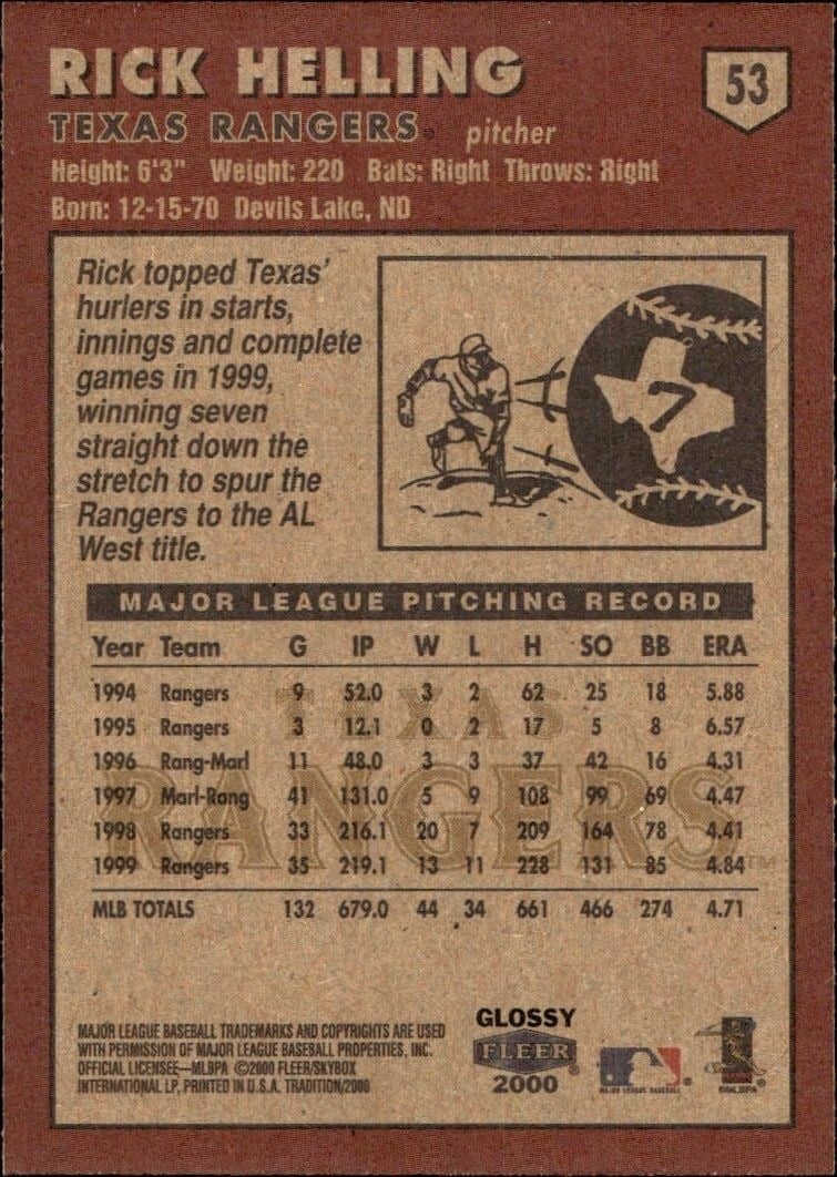 2000 Fleer Tradition Glossy Rick Helling #53 baseball trading card back