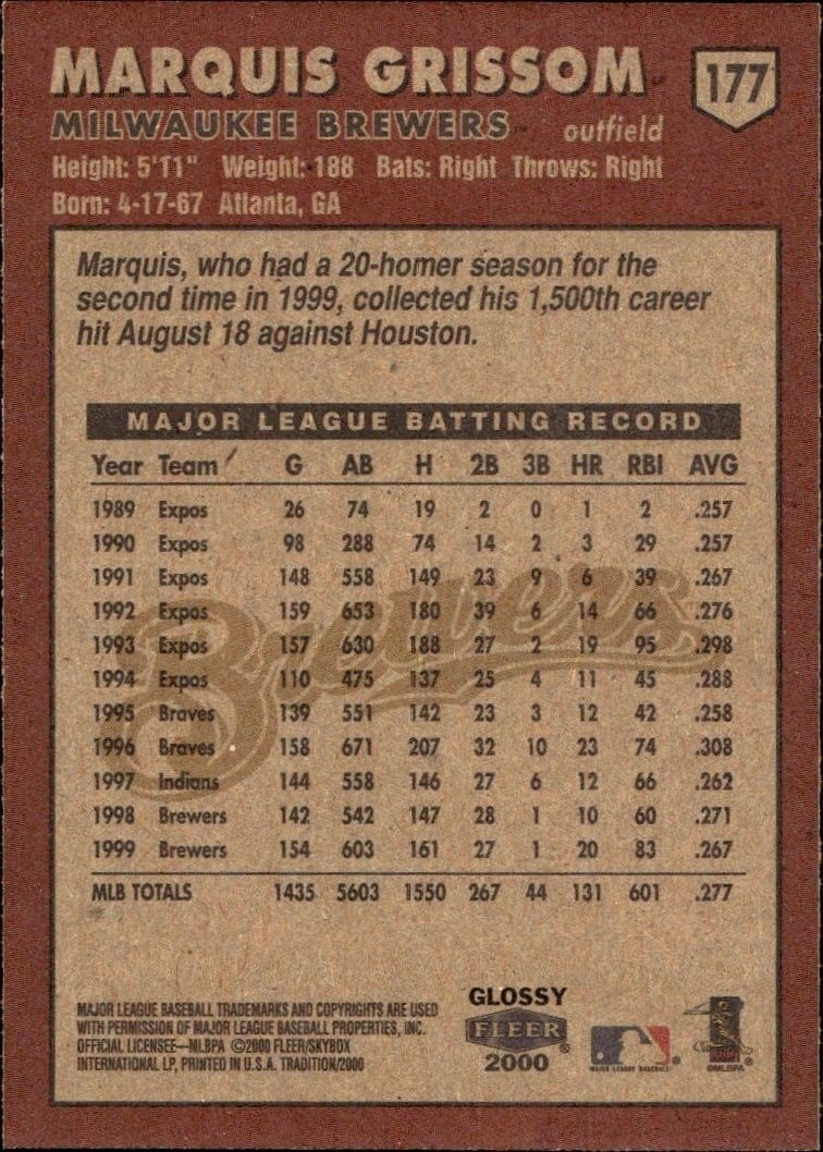 2000 Fleer Tradition Glossy Marquis Grissom #177 baseball trading card back