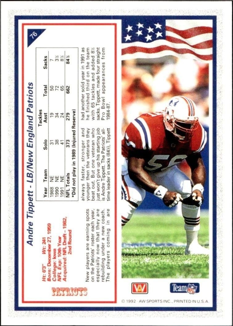 1992 AW Sports Team NFL Andre Tippett #76 football trading card back