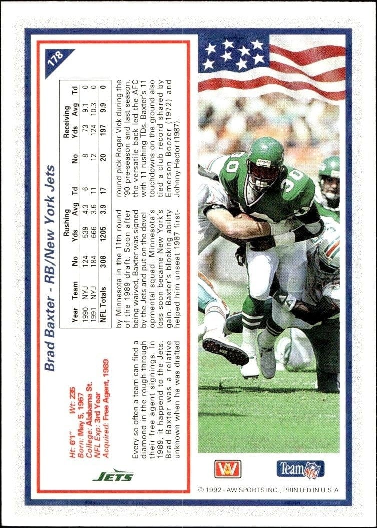 1992 AW Sports Team NFL Brad Baxter #178 football trading card back